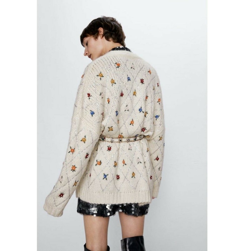 Zara Womens Ivory Limited Edition Embroidered Oversized Cardigan Sweater Size S - Picture 2 of 8